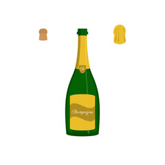 Champagne bottle illustration with cork plug and package. Ideal for holiday celebration, new year, Valentine's day, party and birthday. Minimalistic design for romantic, love themes. Drink symbol.