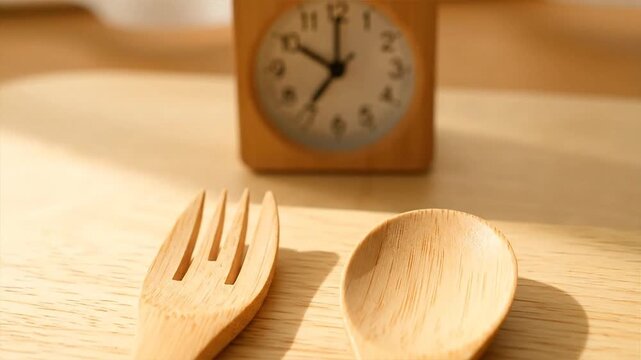 Wooden spoon and fork with clock on table in warm sunlight
