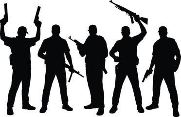 Naklejka premium Armed men silhouettes holding guns and rifles, military or criminal group illustration isolated on white background, security conflict concept vector