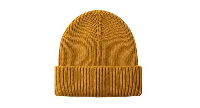 Mustard yellow knitted beanie hat isolated PNG, warm winter headwear for cold weather fashion on transparent background