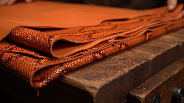 Close Up of Folded Orange Snake Print Leather Sheets on Rustic Wooden Surface Craftsmanship Texture Animal Print Design