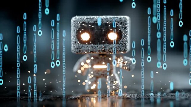 Futuristic robot made of metallic cubes with glowing eyes stands amidst a digital rain of binary code. the atmosphere combines technology and sci-fi elements, ideal for concepts in artificial intellig