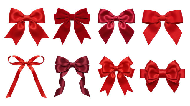 Red silk and velvet bow set including satin, grosgrain, thin, and double loop styles isolated. Decorative holiday and gift packaging elements.