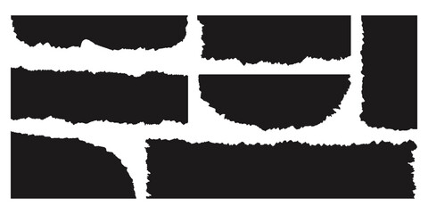 Torn paper pieces. Ripped cardboard sheets with jagged edges, torn note sheet fragments, blank paper parts for collage, text box, banner, stickers. Vector set