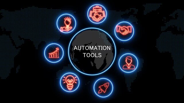 shows glowing neon line banner of automation tools concept with icons of business, responsibility, customers, integrity, goals, teamwork, commitment and innovation .4k