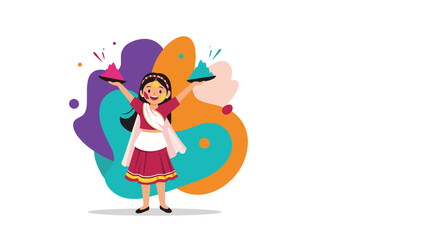 Naklejka premium Joyful illustration of a young Indian girl celebrating the Holi festival, holding plates of colorful powder paint with an abstract background.