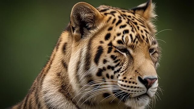 Close-up portrait of a majestic jaguar with distinctive rosette markings, its eyes closed in repose amidst a lush, natural environment, capturing a moment of tranquil beauty
