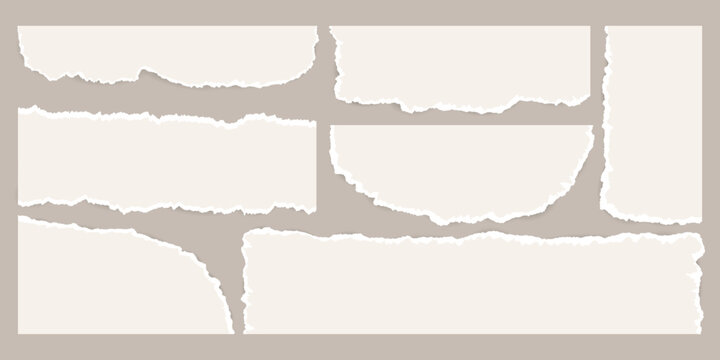 Blank torn paper pieces. Ripped cardboard stripes with rough edges, ragged crumpled sheets, jagged scraps flat style for collage, text box, banner, stickers. Vector set
