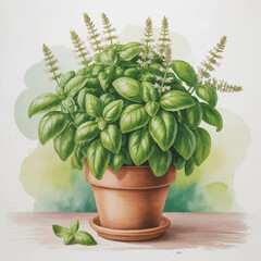 Potted Basil Plant Watercolor Illustration with Flowers