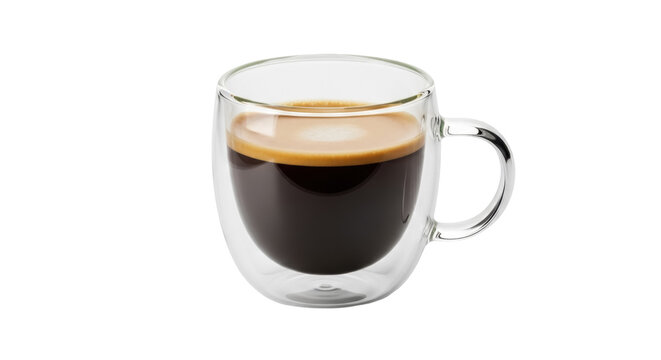 Espresso in a clear double walled glass isolated PNG, coffee drink with crema on transparent background for cafe menu