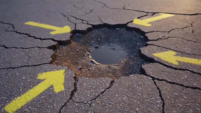 Pothole marked on the road.