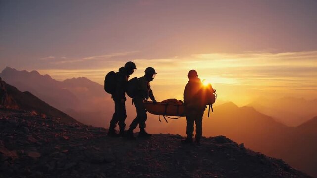 Rescue team rescuing a person in the mountains.