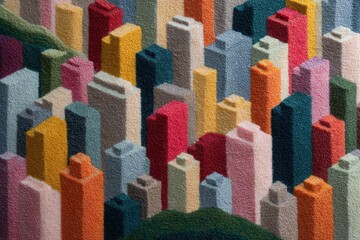 Fototapeta premium Colorful abstract cityscape of textured geometric buildings with a textured green hill