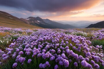 Fototapeta premium Vibrant field of purple wildflowers blooming in a mountain valley at sunrise