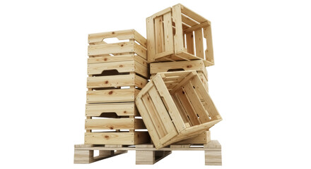 Stack of wooden crates on a pallet isolated PNG, storage containers for shipping and transportation...