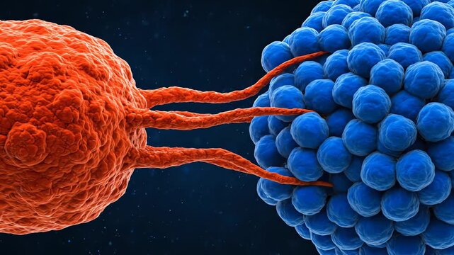 Immune Cell Attacking Cancer Cells Microscopic View of Cellular Interaction and Disease Defense