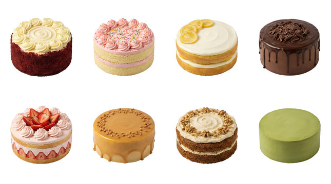 Gourmet cake set including red velvet, strawberry, chocolate, lemon, caramel, carrot, and matcha flavors isolated. Bakery and dessert collection.