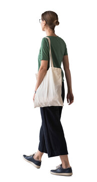 Full length portrait of a young woman walking isolated transparent PNG, student girl full body photo PNG with transparent background precisely cut out with clipping path.