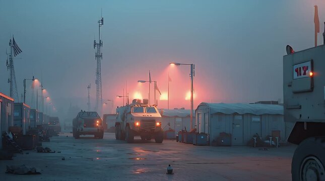 Military Base with Armored Vehicles at Dawn in Foggy Industrial Setting