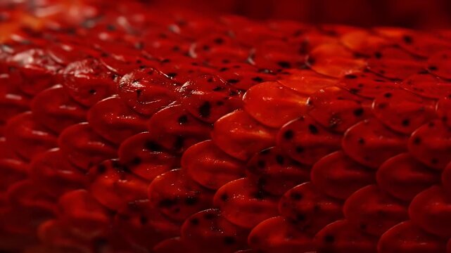 Close-Up of Red Snake Scales with Black Spots Texture Reptilian Skin Pattern Vivid Scarlet Hue Animalistic Detail