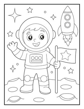 Astronaut Boy on the Moon Coloring Pag for Kids. Happy Space Explorer with Flag and Rocket Ship.