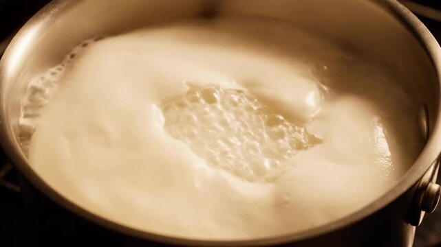 On a cozy stove, milk begins to boil, creating mesmerizing patterns and an elegant dance of bubbles, transforming ordinary moments into a visually striking experience over time.