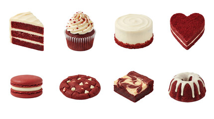 Red velvet dessert set including cake slice, cupcake, brownie, cookie, macaron, and heart pastry isolated. Gourmet bakery and sweet food collection.