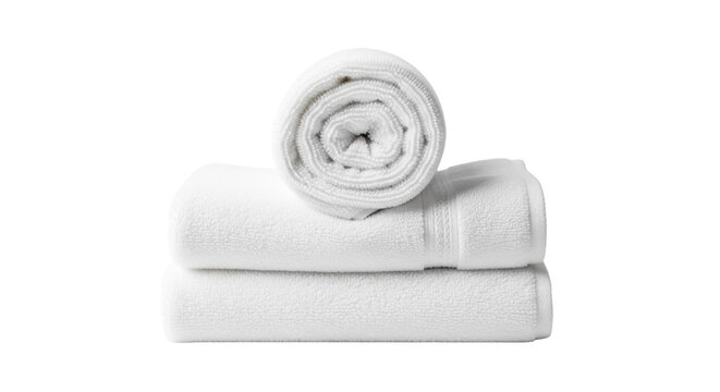 Stack of soft white cotton towels isolated PNG, fluffy spa and bathroom linens for hygiene and comfort on transparent background