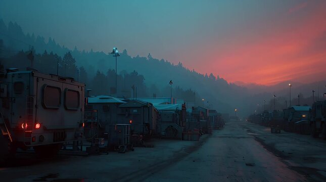 Military Base with Armored Vehicles at Dawn in Foggy Industrial Setting