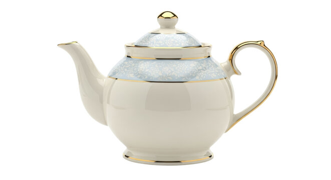 Elegant porcelain teapot with gold trim isolated PNG, vintage tea service for afternoon tea and special occasions on transparent background