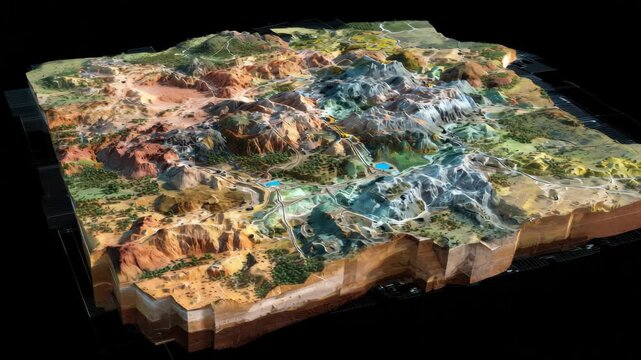 3D topographic map showcasing diverse terrain, valleys, and lakes in a geological simulation
