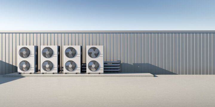 3d rendering of air conditioning condenser units on concrete rooftop under sky. Industrial HVAC system represents efficient cooling technology, climate control infrastructure, building utility system.