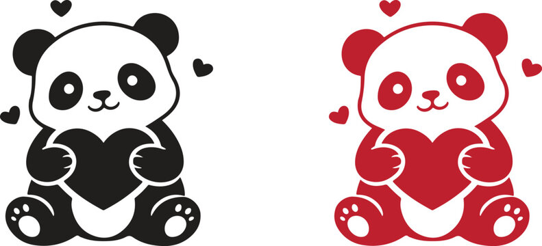 Cute Panda Holding Heart Vector Illustration, Love and Valentine Character Icon Set