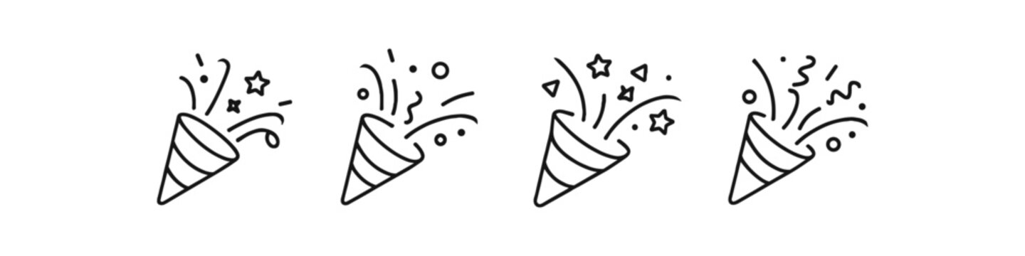 Set of four line art icons depicting party poppers exploding with confetti and stars
