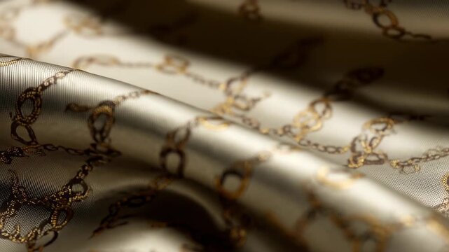 Elegant fabric with intricate chain pattern in warm tones draping softly on a surface