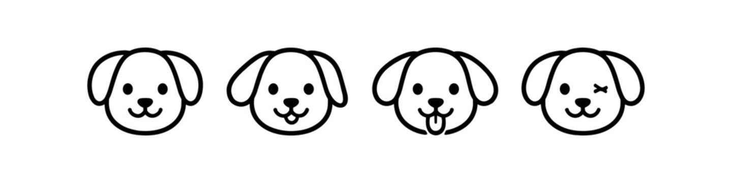 Cute cartoon dog faces with different expressions in a simple line art style