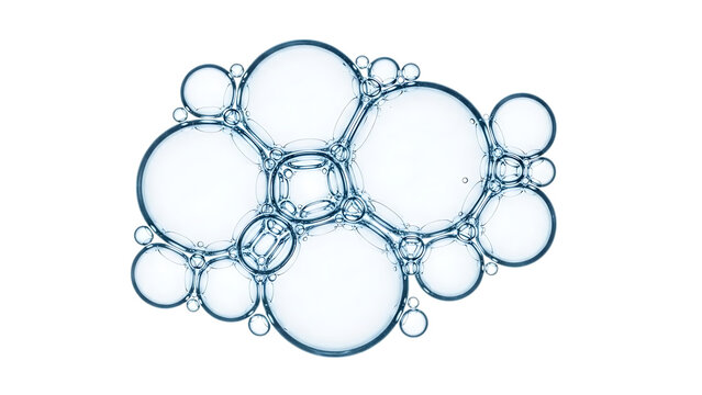 Cluster of transparent blue bubbles of various sizes on black isolated on a transparent background spheres
