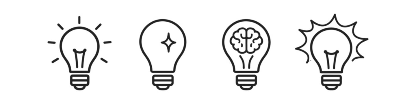 Collection of four simple line art icons representing different types of ideas and innovation