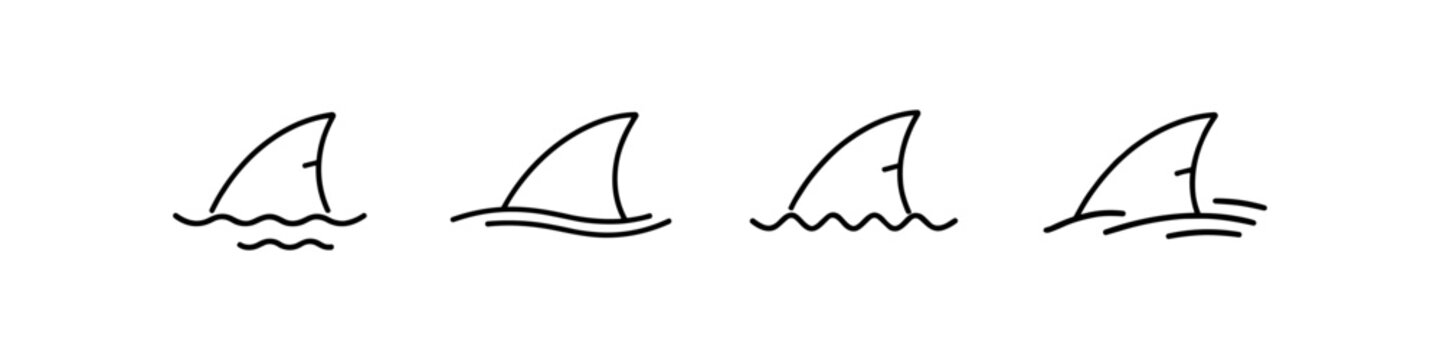 Set of four simple line art shark fins breaking the water surface in a row