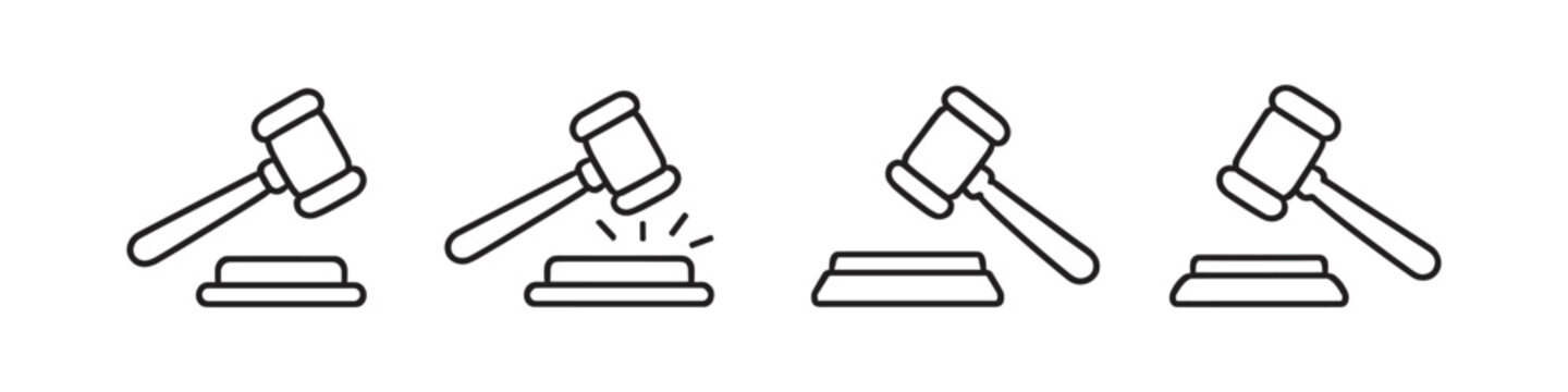 Set of four gavel icons representing legal proceedings and auction decisions