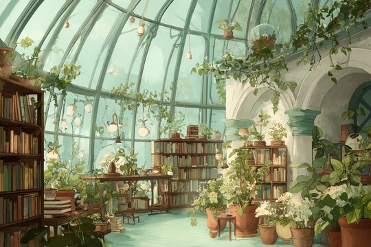 Botanical greenhouse library with floating botanical sketch pages and seed pods