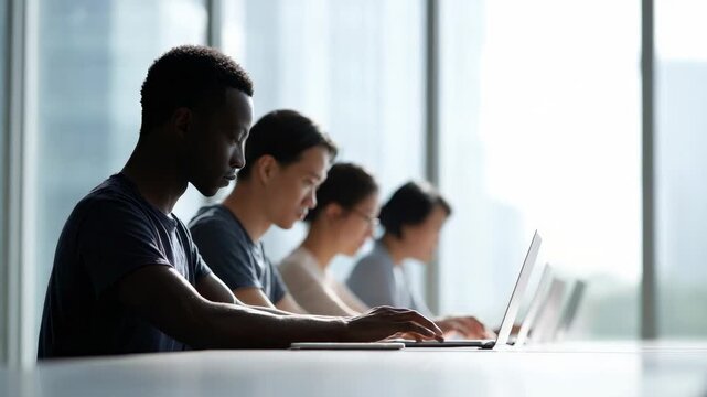 International students collaborating on laptops, engaging in focused learning within bright, modern classroom environment featuring expansive windows and digital connectivity