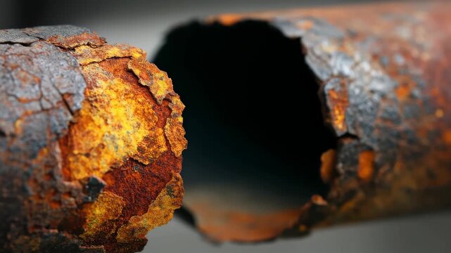 Detailed view of rusted metal pipe showing texture and color variations in an industrial setting