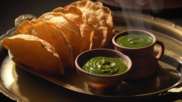 Cinematic 4K food video, golden crispy dosas elegantly arranged traditional brass platter, vibrant green chutney small bowls, steaming rich dark coffee ceramic cup natural ight steam rising reflection