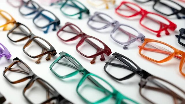Variety of colorful eyeglasses displayed neatly on a surface in natural light with a white background