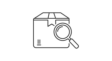 Outline icon of a package with a magnifying glass, representing inspection, quality control, and delivery tracking.