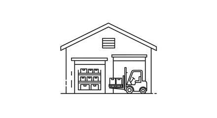 Outline illustration of a warehouse with a forklift loading boxes, symbolizing storage, distribution, and logistics.