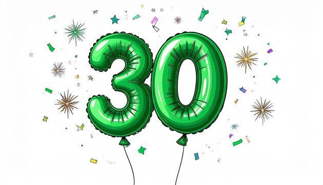 Green cartoon style balloon shaped as number 30 with confetti on white background. Illustration for birthday or anniversary party
