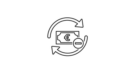 Euro banknote with a circular arrow and minus symbol, representing currency exchange, deduction, or loss of money.