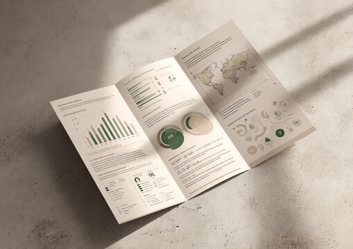 Nonprofit annual report tri-fold brochure mockup open on a light concrete desk